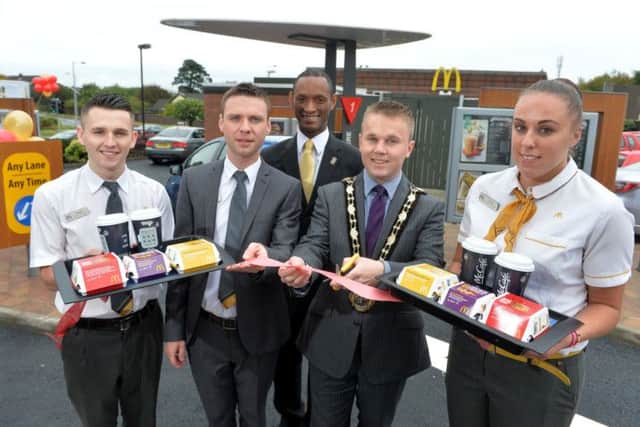 Pictured with Mayor Thomas Hogg are McDonalds staff Ciaran Copeland, business manager Darren Barry, operations consultant Andrew Duncan and Tanya Hunter. Pic by Aaron McCracken/Harrison Photography.