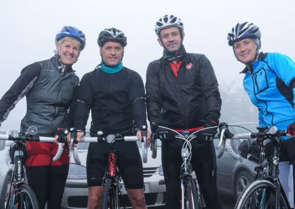 Janice Reid, Patrick O'Gready, Chris Wilson and Wendy Fleming ready for the off at the Carn Wheelers Tour of South Derry in aid of MacMillan Cancer Care.