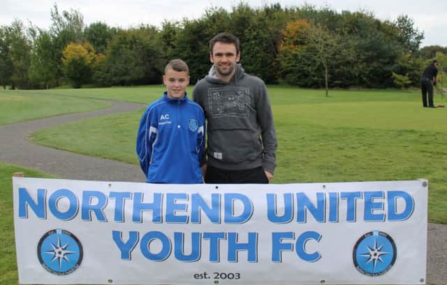Aaron Campbell and Motorcycle star William Dunlop at the Northend United Golf Fundraising Day. INBT 42- NORTHEND UNITED 1.