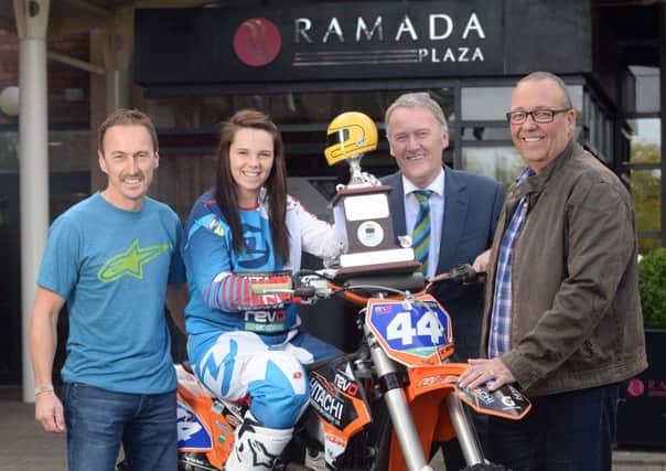 Launching the 2014 Adelaide Motorbike Awards are motocrosser Natalie Kane, Grand Prix legend Jeremy McWilliams with Sam Geddis, Cornmarket Insurance Services Managing Director and David Weir of the Enkalon Motorcycle Club.  The awards in the Ramada Hotel, Belfast  on January 23, 2015.
PICTURE BY STEPHEN DAVISON