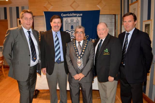 Andy Clement, Northern Cricket Union chairman, Roger Bell, Carrickfergus Cricket Club president, the Mayor, Alderman Charles Johnston, Joe Doherty, Cricket Ireland president and Peter McMorran, NCU vice-president, at the annual dinner. INCT 42-124-GR