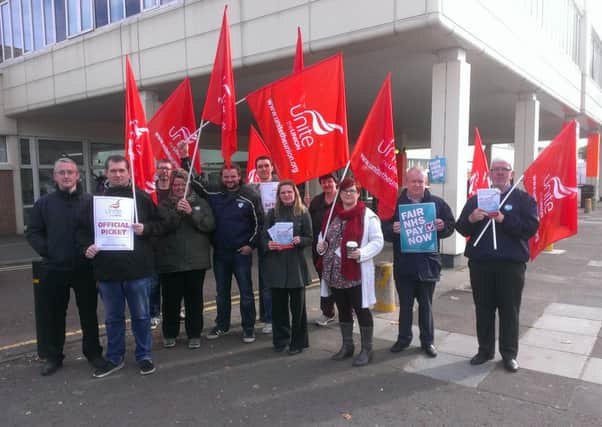 Unite members on strike at Craigavon Hospital.