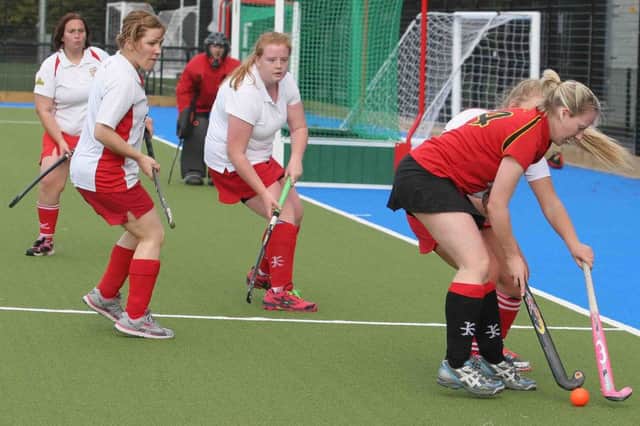Coleraine 2's defenders Abbie Wallace, Emma McAuley and Heather Rainey keeping out a Banbridge attack. (S)