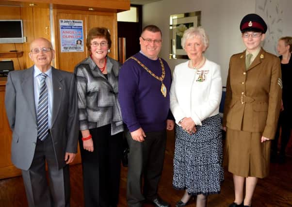 George and Isabel Apsley with Larne Mayor Martin Wilkinson, and the Lord Lieutenant of Larne Joan Christie and her Cadet Sarah Patterson at the opening of the Inver Museum all about the history of St Johns ambulance in Northern Ireland.  INLT 42-146-GR
