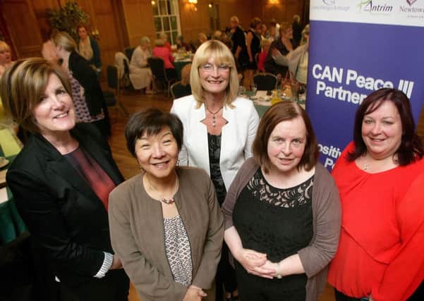 Pictured at the Leading Ladies event are (l-r): Councillor Noreen McClelland, Vice Chair of the CAN PEACE III Partnership; speaker Anna Lo MLA with Dorothee Wagner, CAN PEACE III Partnership Member; speaker Bernadette McAliskey, STEP, with Kathy Wolff, CAN PEACE III Partnership member. INNT 41-515CON