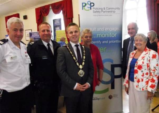 Attending the recent Seniors' Safety event in Ballyclare are (l-r): Watch Commander Mark McWhirter, NIFRS; Sergeant Alan Bowes, PSNI; Mayor Thomas Hogg; Shirley Cooke, Good Morning Newtownabbey; Alderman John Blair, PCSP Chair and Joan Cosgrove, PCSP independent member. INNT 42-511CON