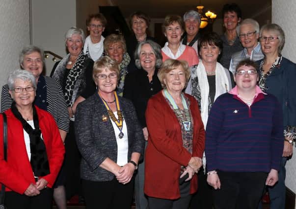 Inner Wheel District Chairman Mrs Janet Howard who was guest speaker at the Ballymena Inner Wheel monthly meeting in Leighinmohr House Hotel is seen here with club members and Ballymena president Mrs Patricia Perry. INBT 43-103JC