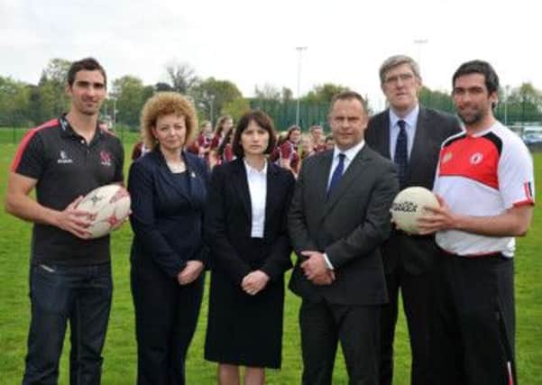 At the launch of the campaign earlier this year are Ulster Rugby player Ruan Pienaar; Sports Minister Caral Ni Chuilin; Karen Robinson Walton, mother of Benjamin Robinson; Peter Robinson, father of Benjamin Robinson; Education Minister John O'Dowd; and Tyrone Gaelic player Joe McMahon. Picture: Michael Cooper