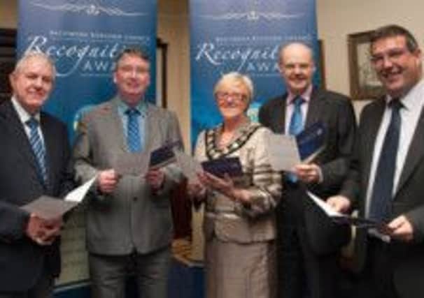 Pictured at the launch of Councils Recognition Awards are (from left) Cllr James McClean, Ballymena Mayor Cllr Audrey Wales, Rodger McKnight (Acting Chief Executive of Ballymena Borough Council), Cllr Declan OLoan and Ald. James Henry.