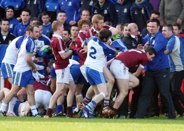 Slaughtneil's and Ballinderry's players during a scuffle on the sidelines

Mandatory Credit Photo Lorcan Doherty / Presseye.com
