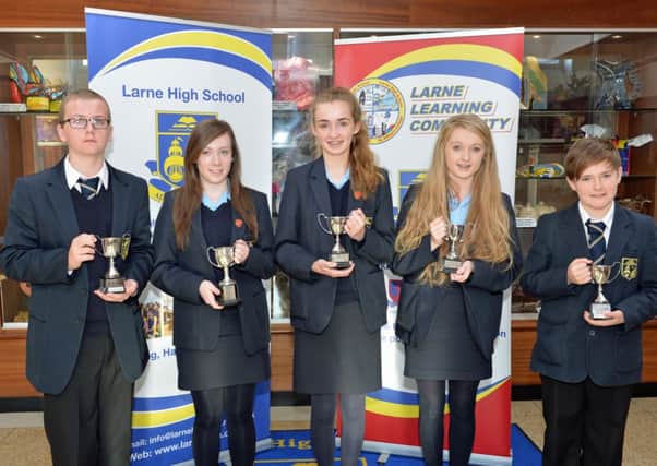 Larne High School Attainment Award winners, Paul Whiteside, Sophie McClure, Chloe Linton, Emma Whiteford and James McKay. INLT 43-006-PSB