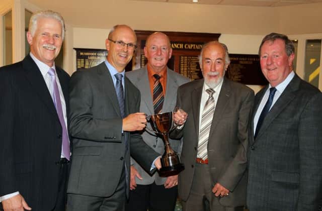 Ken Little, Andrew Stanton, Derek Browne, Noel Armstrong and Jimmy Duffin receive the Armstrong Cup at the Shuttlecock Golf Society prizegiving. INCR43 SHUTTLECOCK 3