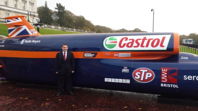 North Antrim UUP MLA Robin Swann with the famous Bloodhound SSC car, which Mr Swann was using to help promote more STEM subjects in the constituencys primary schools. INBM44-14S