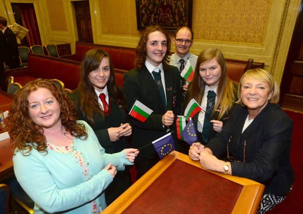 Cambridge House Grammar School pupils were the lucky winners of a trip to Brussels at this Mock Council of the European Union, Celebrating their success (from left) were  Linda Cushenan; British Council Northern Ireland, Claire Donald; Cambridge House Grammar, Aaron Redmond; Cambridge House Grammar, Mr David Alexander; Head of History, Cambridge House, Rebekah Loughlin; Cambridge House and Jane Morris, Member of the European Economic and Social Committee.
