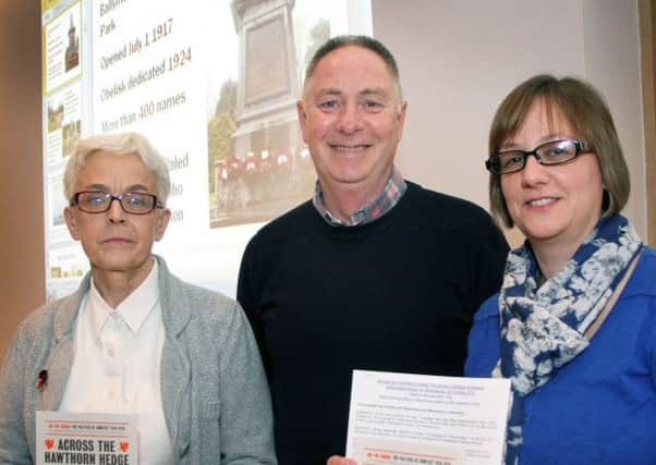 Ballymena Times Newspaper editor and World War expert Dessie Blackadder photographed at his World War 1 talk in the Braid Arts Centre last week with Martha Armstrong and Elaine Hill. INBT 44-812H