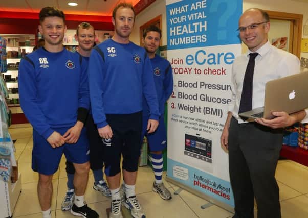 Carniny Rangers players who had an eCare health check with Stephen Burns at Ballee Pharmacy. Included are Darren Kidd, Leslie McCaughern, Stephen Green and Ryan Bamber. INBT 44-173CS