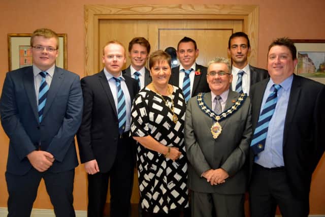 The Mayor and Mayoress of Carrickfergus, Charles and Patricia Johnston with Carrick Cricket Club captains at a civic reception in the Town Hall. INCT 44-175-GR