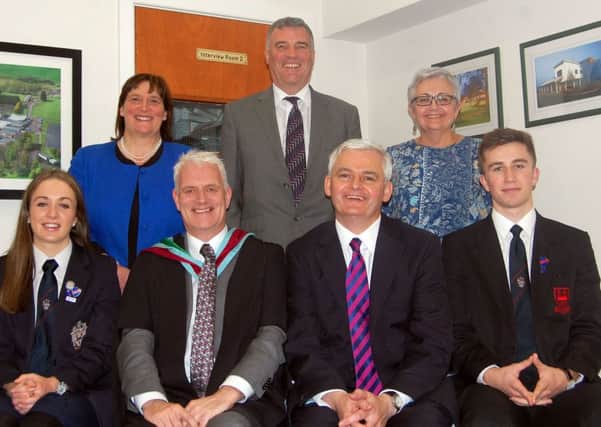 Members of the platform party at the Ballymena Academy annual prize day. Included are: (seated from left) Emma Kernohan (Head Girl), Stephen Black (Principal), Stephen Walker (guest speaker) and Tom Alexander (Head Boy). Back row from left: Jane Allen, James McKervill (Chairman Board of Governors) and Dr. Karen Johnston (Vice-chair Board of Governors).