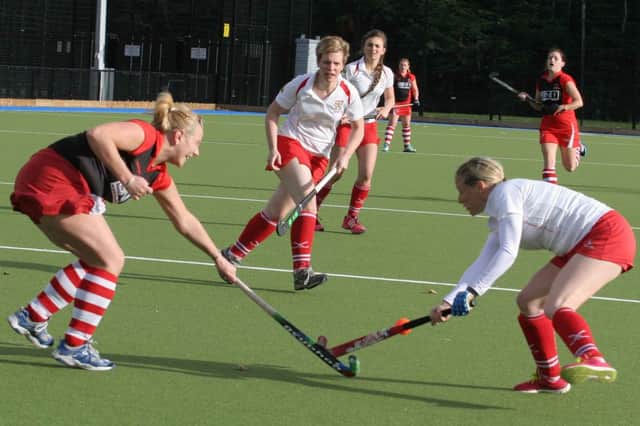 Coleraine Firsts Sue Nutt makes a tackle in the Intermediate Cup game against Larne. INCR44 HOCKEY