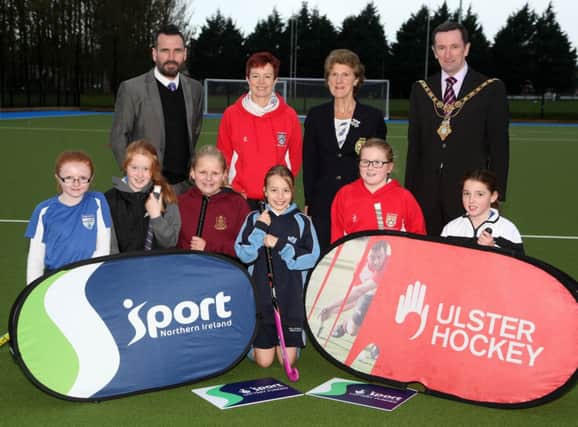 Players from local primary school hockey teams pictured at the launch of the Coleraine Ladies Hockey Club Active Awards for Sport Programme at Rugby Avenue last Wednesday. Included are; Conleith Donnelly, Sport NI, Ursula Harper, Coleraine Ladies Hockey Club, Ann Rosa, Ulster Hockey President, and Councillor George Duddy, Mayor of Coleraine. INCR44-320PL
