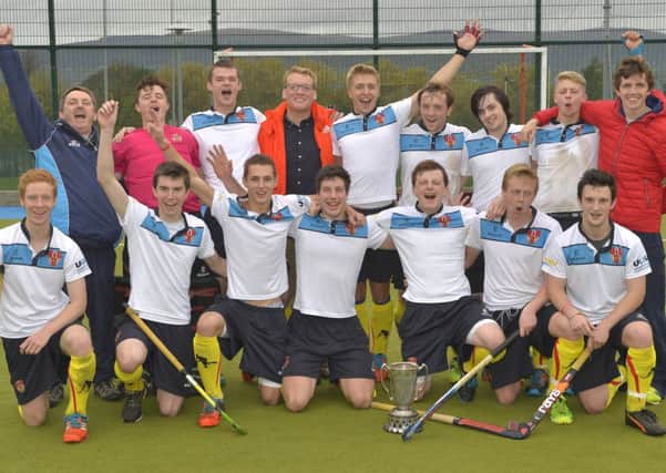 The victorious University of Ulster men's hockey team and staff pictured with the Mauritius Cup. PIc by Rowland White/Presseye INLT 44-688-CON