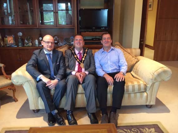 Mayor of Lisburn, Councillor Andrew Ewing, with Michael McCusker (left) and Ken Bamford (Belfast Branch Chairman) of the Samaritans.