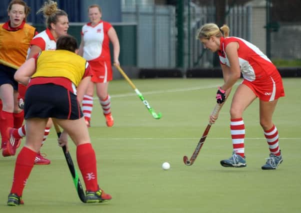 Gillian russell on the attack for Larne Ladies in their 3-3 draw with Cookstown at Greenland INLT 43-265-AM