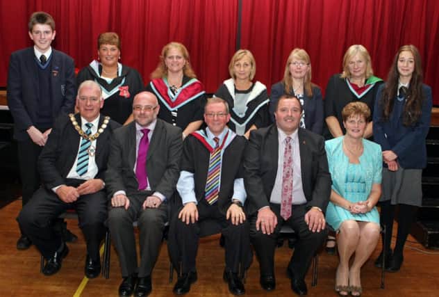 PARTY. Principal of Ballymoney High, Rodney Scott, pictured along with VP Cynthia Curry, staff, Headboy and Headgirl, Mayor Cllr Bill Kennedy and guests at their Prize Day on Friday.INBM44-14 034SC.
