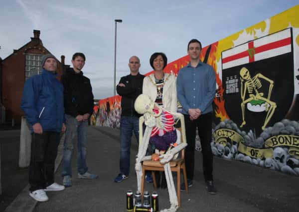 Mayor Brenda Stevenson who launched of thefirst legal grafitti wall at the Verbal Arts Centre to coincide with #lovetoDRAW month.  Included in photo are Sean Cavan and Donal Doherty, Urban Visualz, Ruairi McCallion, Verbal Arts Centre and Tony Carlin, Voluntary Arts, Ireland. DER4414MC045