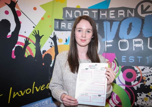 Sophie McVea from Carrickfergus at the launch of the Northern Ireland Youth Congress manifesto in the NIYF offices in Belfast.  INCT 45-723-CON