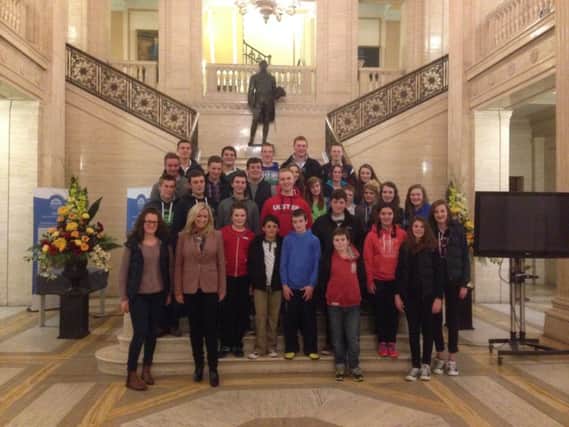 Jo-Anne Dobson MLA hosting members of Annaclone and Magherally Young Farmers Club on their tour of Stormont.