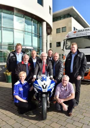 Launching the Motorcycle Show which will take place at the Lagan Valley Leisureplex on Friday 14th and Saturday 15th November are:
(l-r) Mr Terry Maxwell, Maxwell Freight; Ian McGregor; Ray McCullough; Alderman Allan Ewart; Lisburn City Counci, Mayor, Councillor Andrew Ewing; Brian Reid; Mr Tommy Maxwell. Maxwell Freight and Sponsor of the Motorcycle Show and (front) Sonya Martin, Mar-Train and Trevor Steele, Dromara Destroyersl