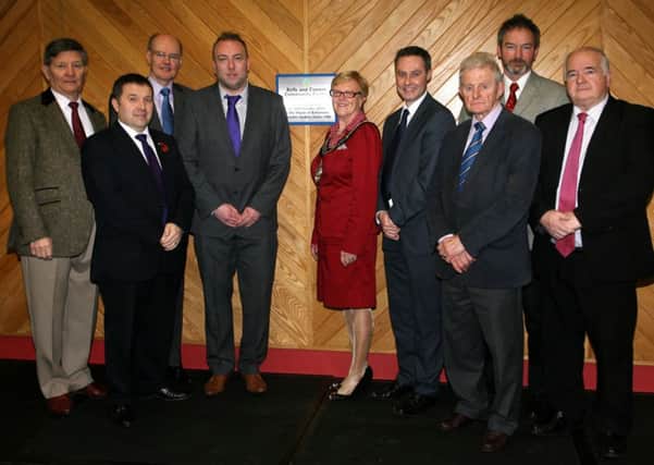 Ballymena councillors, Ald. James Currie, Cllr. Declan O'Loan, Cllr. Maurice Mills, Cllr. William McGaughey and Ald. Martin Clarke, along with Mayor of Ballymena, Cllr. Audrey Wales, Paul Frew MLA, Robin Swann MLA and David Grant (Chairperson Kells and Connor Community Centre), are pictured during the official opening of the newly refurbished Kells and Connor Community Centre. INBT45-206AC