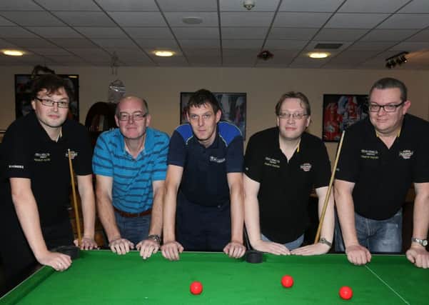 Michelin Masters pool team, who beat Fairhill Dreamers last week. From left: Dave Armstrong, Jimmy Knowles, Chris Penney, Alan Armstrong and Brian Hanna. INBT 45-185CS