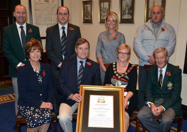 Mayor of Ballymena, Cllr. Audrey Wales, is pictuerd with Noreen Ritchie (Lady Vice Captain), Christopher Brooke, Trevor Todd (President, Phil Collins (Head Pro), Gary Henry, Kirsty Worthington, David Snoddy (Course Manager) of Galgorm Castle Golf Club who were winners of the IGTOA Parkland Golf Course of the Year. INBT45-204AC
