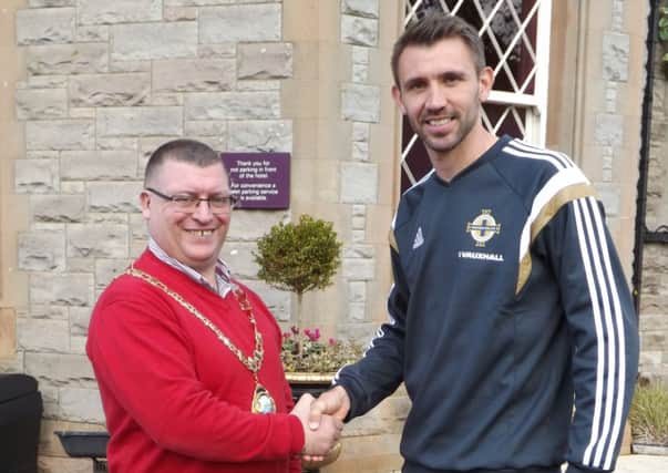 Northern Ireland and West Brom defender Gareth McAuley helps launch the nomination process for the Larne Borough Sports Awards. He is pictured with Larne Mayor, Martin Wilson.