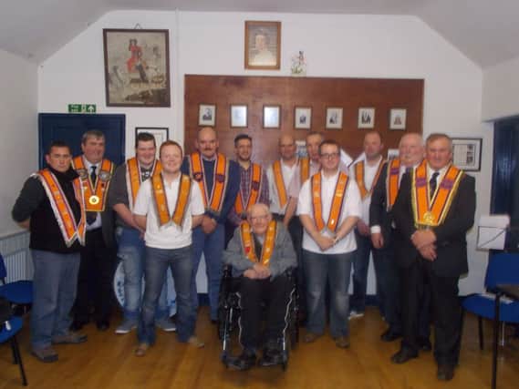Johnny pictured with all the other brethren during his birthday celebrations at Garryduff Orange Hall. inbm45-14s