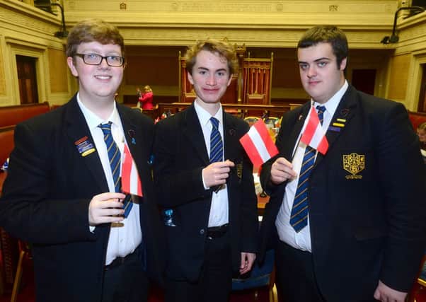 Belfast High School pupils (from left) Jonathan McMurray, Matthew Ennis and Nicholas Jobling at the Mock Council of the European Union. INNT 45-456-CON