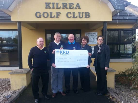 Pictured above is Maureen McIlvar and Catherine Ann McGoldrick from KRD Credit Union Ltd presenting a sponsorship cheque to Tom Girvan (Captain) Joe McCloskey (Vice Captain) and Francis Loughlin (former Captain) from Kilrea Golf Club. KRD Credit Union Ltd kindly sponsor this year's Autumn League which has just started and will run for the next eight weeks.