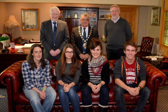 Vanessa Kaubukowski and Rafael Deutschmann from Germany and Raquel Azanza Alvarez from Spain are volunteers on the Erasmus+ programme for a year.  They visited the Mayor of Carrickfergus, Alderman Charles Johnston, in the Town Hall with Ivor Mitchell, Robert Hunter and Karen Graham from the YMCA. INCT 42-101-GR