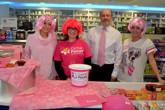 Kirstie-Leigh McLeod, Claire Gallagher, Dennis Greer and Emma Walker from Medicare in Greenisland had a pink day to raise awareness for breast cancer. INCT 45-105-GR