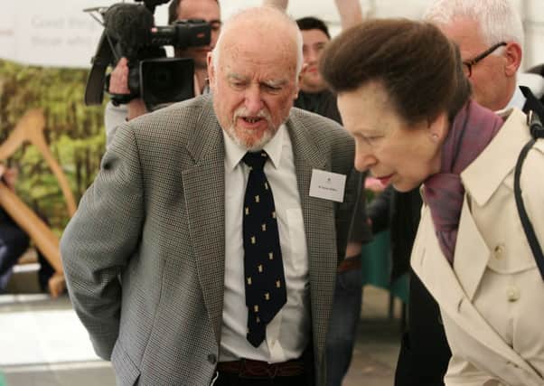 HRH Princess Royal talks to Stanley McMinn about his First World War display at the unveiling of the Centenary Wood at Faughan Valley. INLS2014MC052