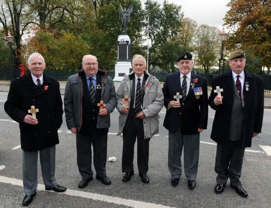 Gordon Rogan (Secretary of Lisburn Branch of the Royal British Legion), Ronnie Andrews, George Dixon, Bill Riley and Hugh Kidd pictured prior to placing remembrance crosses at the garden of remembrance at Lisburn War Memorial on Saturday 25th October at a short act of remembrance on marking the launch of Lisburns Royal British Legion poppy appeal.