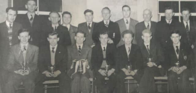 Cookstown United FC back in 1956 when they won the Dungannon and District League (undefeated). Pictured, standing from left, B. Armstrong, B. Somerville, S. Taylor, A. Thompson, I. Scott, S. Creighton, N. Harvey, A. Thompson, B. Patterson and F. Bell. Seated, from left, T. Wilson, T. Hodgett, D. Scott, O. Gourley, R. Creighton, B. Joy and W. Cameron. Not included are B. Frazer, B. Lowe, B. Carson, G. Hamilton.
