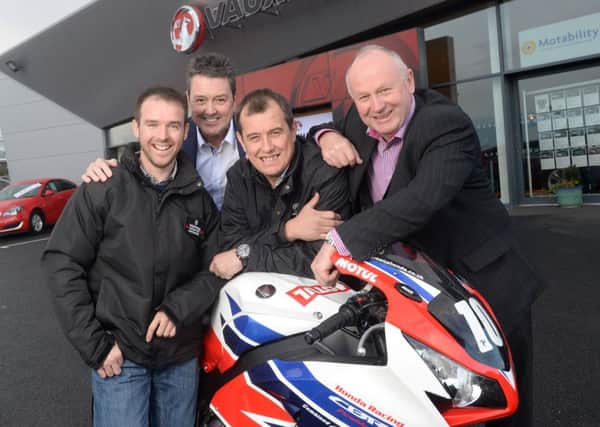 Top road racers John McGuinness and Alastair Seeley joined North West 200 Event Director, Mervyn Whyte and Gordon Hannen, Regional Operations Manager of Vauxhall Motors UK to announce Vauxhall's title sponsorship of the International North West 200 for 2015 at Donnelly's in Dungannont.
 PICTURE BY STEPHEN DAVISON