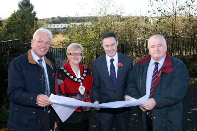 Andrew McKeown of Trinty Housing is pictured with Mayor of Ballymena, Cllr. Audrey Wales, Paul Frew MLA and Cllr. Martin Clarke, at the former St. Mary's PS site. INBT46-216AC