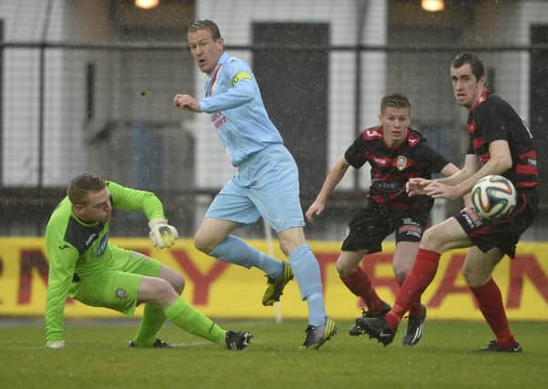 Ballymena United captain Allan Jenkins sees his effort saved by Coleraine keeper Michael Doherty during today's Danske Bank Premiership game at the Showgrounds. Picture: Press Eye.
