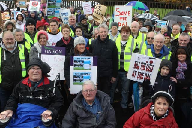 8th November 2014.. Ballycastle is brought to a standstill as hundreds protest at the Closure of Dalriada Hospital by forming a white line picket at lunch time in the town on Saturday. PICTURE STEVEN MCAULEY/MCAULEY MULTIMEDIA