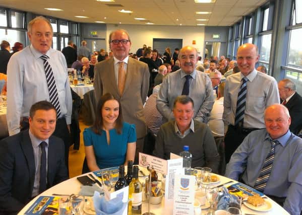 Top table guests at Saturday's pre-match corporate lunch in the Des Allen Suite. Back row (from left): John Taggart (Ballymena United chairman); Gerry Donnelly (guest speaker); Edwin McLaughlin (MC); Rev Alistair Beattie (Ballymena United chaplain). Front row (from left): Andy Johnston (NIFL Managing Director); Emma Colgan (Ballymena United); Terry Cochrane; and Sammy Frickleton.