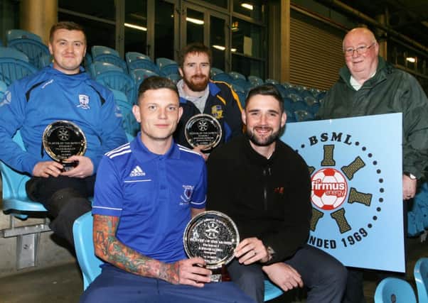 David Fusco of Firmus Energy is pictured presenting Jordon Kenny of Ballykeel FC (Division 1) with the BSML Player of the Month Award. Looking on are Stephen Morgon (Carnlough Swifts, Division 2), John Smith (on behalf of Tyler McAuley, Steadfast, Division 3) and Brian Montgomery (Ballymena Saturday Morning League). INBT46-214AC